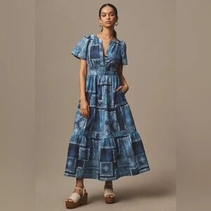 NWT Anthropologie The Somerset Maxi in Blue Patchwork (size M) 206